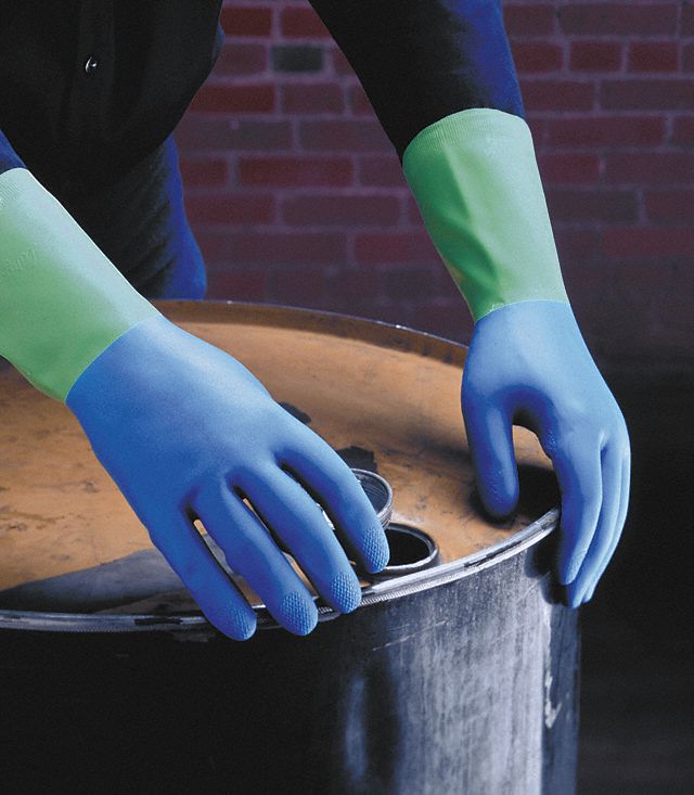 CHEMICAL-RESISTANT GLOVES, BLUE, GREEN, 26 MIL, 13 IN LENGTH, UNSUPPORTED, SIZE 9