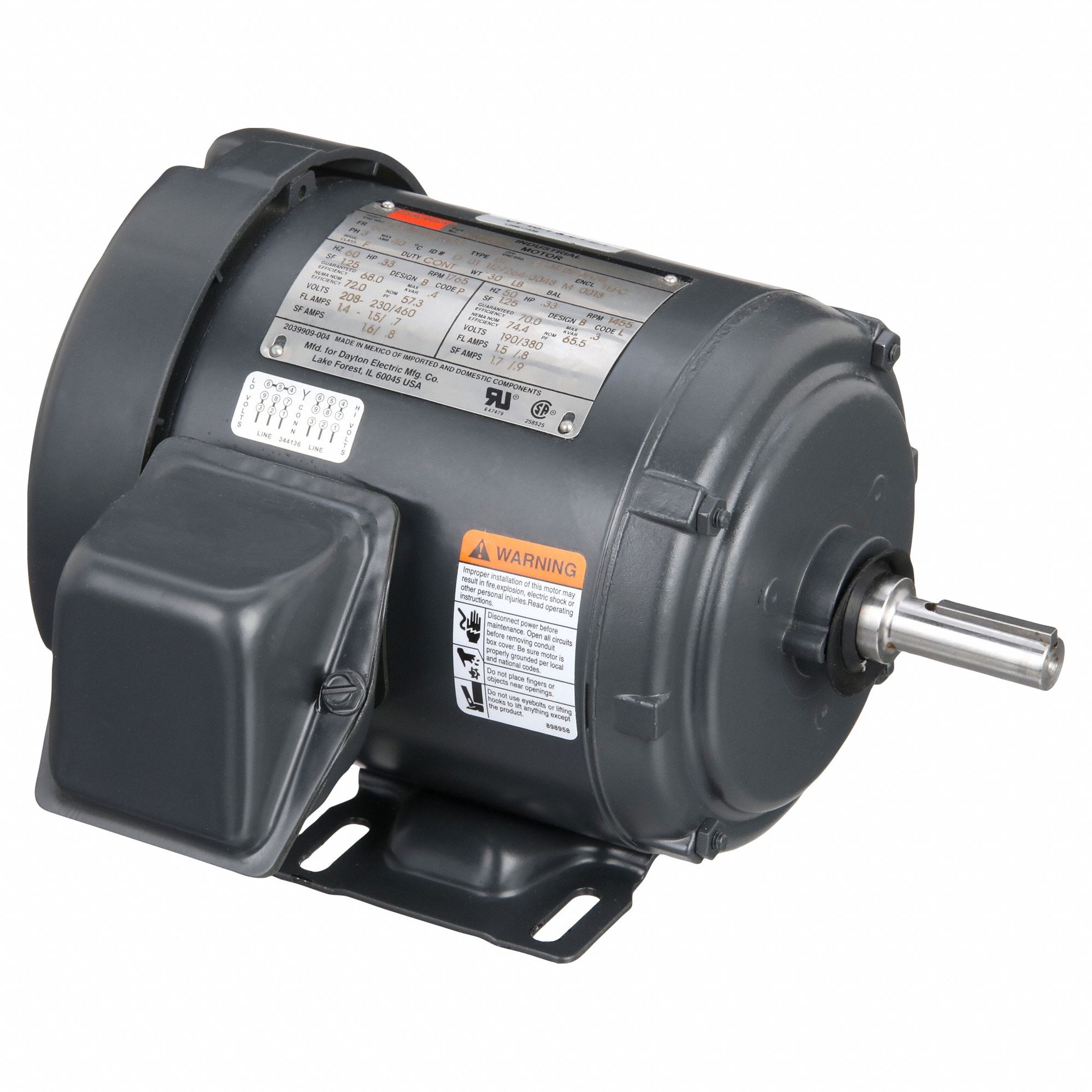 General Purpose Motor: Totally Enclosed Fan Cooled, Rigid Base Mount, 1/3 HP, 230/460V AC