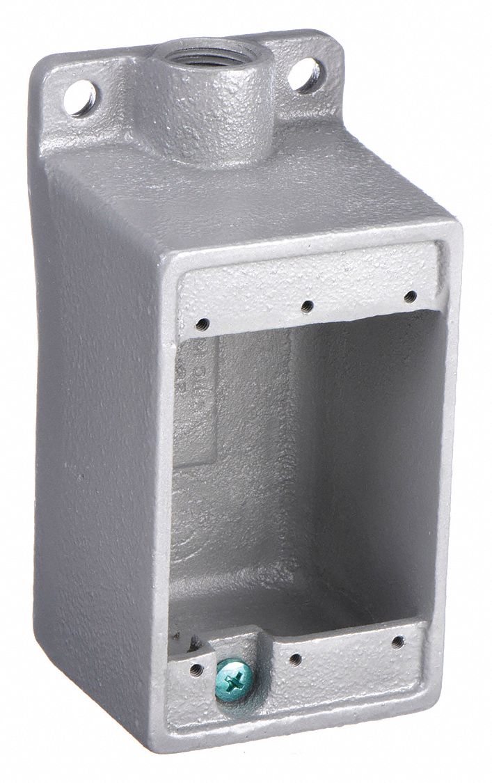 WEATHERPROOF ELECTRICAL BOX, IRON, 1 GANG, ½ IN HUB SIZE, 28 CU IN CAPACITY, GREY