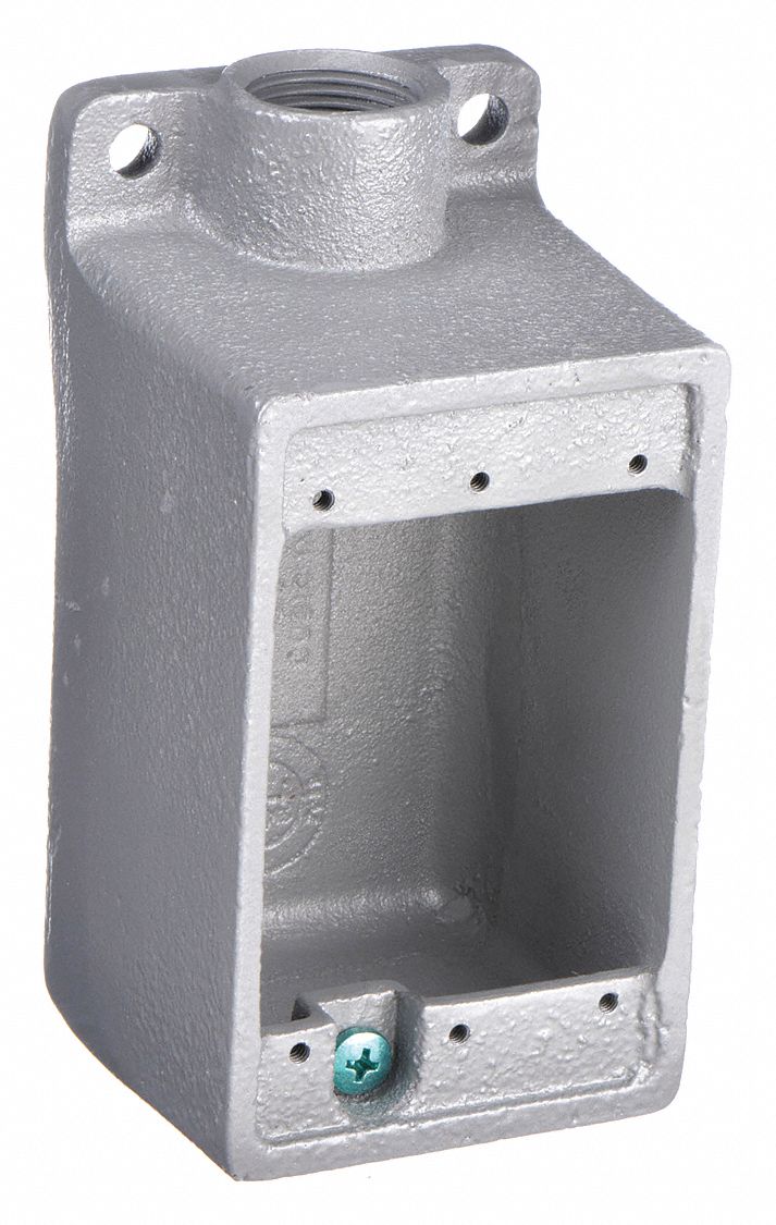 WEATHERPROOF ELECTRICAL BOX, IRON, 1 GANG, ¾ IN HUB SIZE, 28 CU IN CAPACITY, GREY