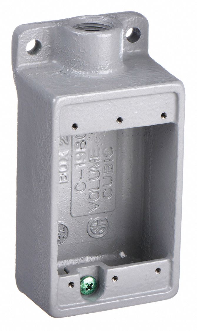 WEATHERPROOF ELECTRICAL BOX, IRON, 1 GANG, ½ IN HUB SIZE, 18 CU IN CAPACITY, GREY