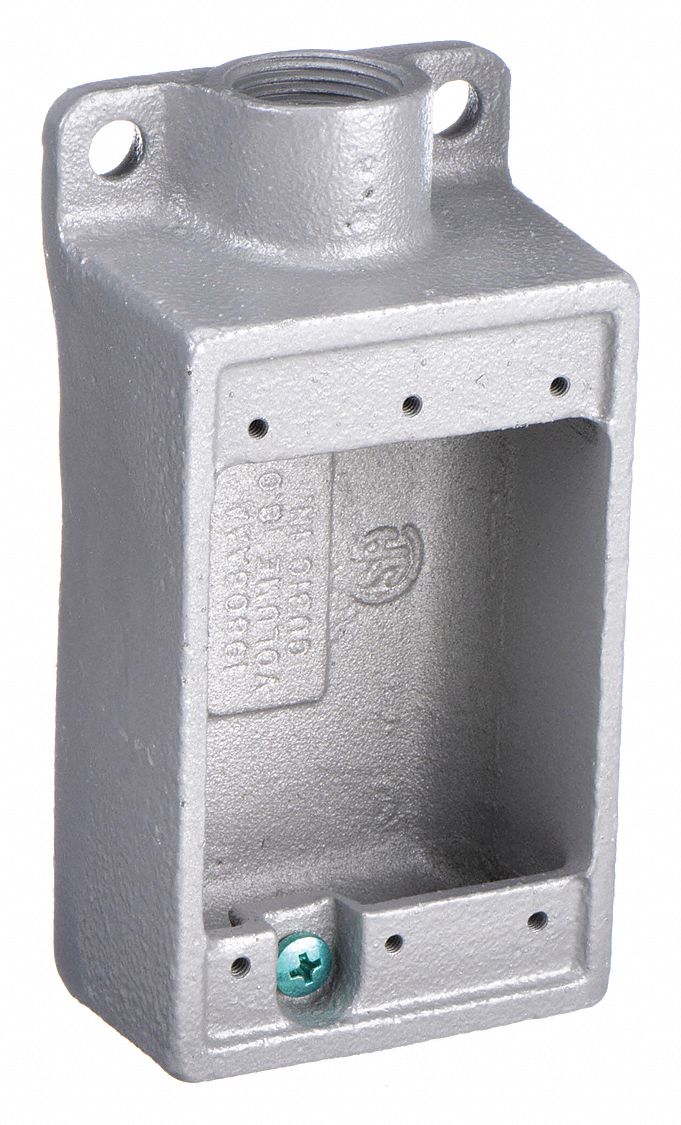 WEATHERPROOF ELECTRICAL BOX, IRON, 1 GANG, ¾ IN HUB SIZE, 18 CU IN CAPACITY, GREY