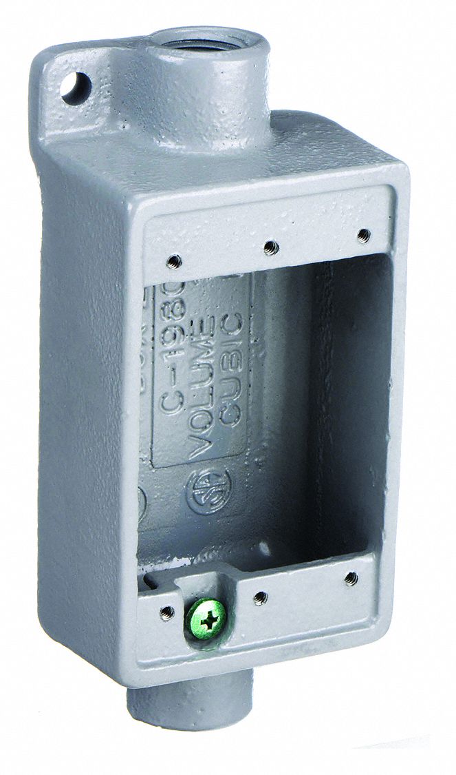 WEATHERPROOF ELECTRICAL BOX, IRON, 1 GANG, ½ IN HUB SIZE, 18 CU IN CAPACITY, GREY