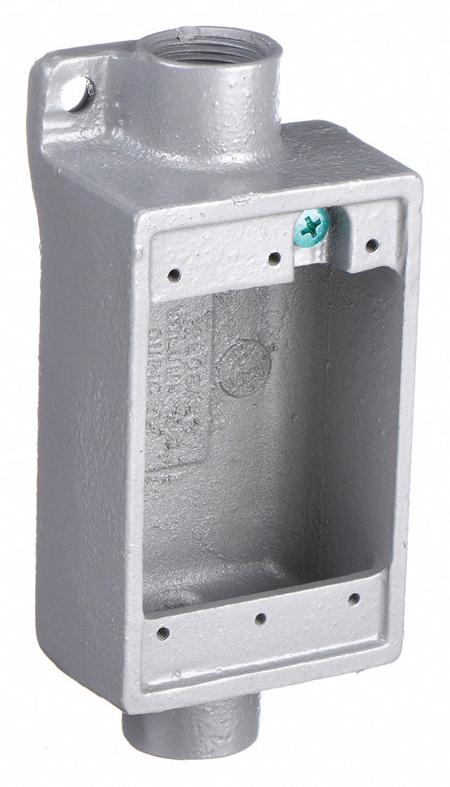 WEATHERPROOF ELECTRICAL BOX, IRON, 1 GANG, ¾ IN HUB SIZE, 18 CU IN CAPACITY, GREY