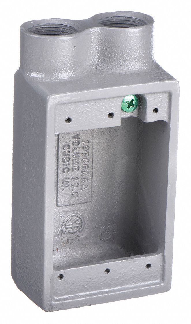 WEATHERPROOF ELECTRICAL BOX, IRON, 1 GANG, ¾ IN HUB SIZE, 18 CU IN CAPACITY, GREY