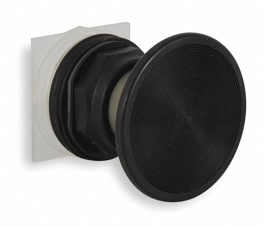 Mushroom Head Push Button: Black, 30 mm Mounting Size, Non-Metallic, Momentary