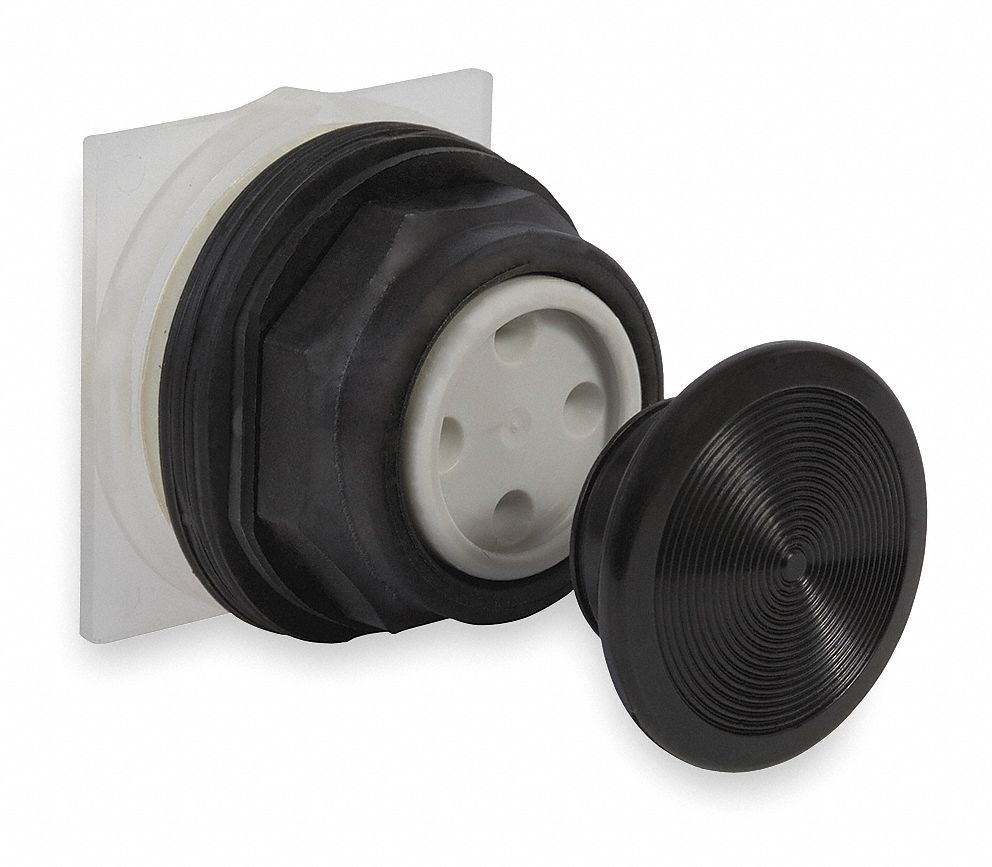 Mushroom Head Push Button: Black, 30 mm Mounting Size, Non-Metallic, Momentary