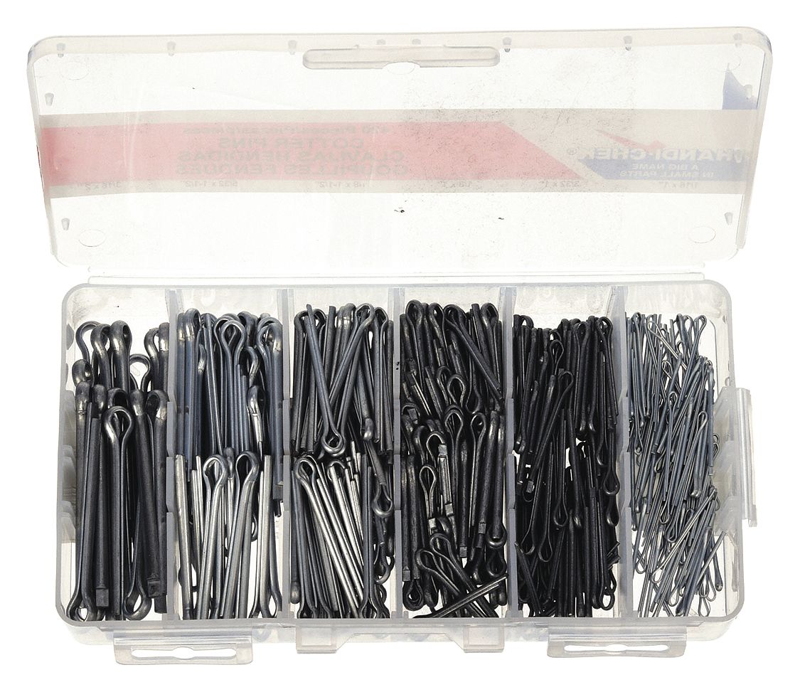 COTTER PIN ASSORTMENT, 420 PIECES, 6 SIZES, BRIDGE, INCH, STEEL, 1008, ZINC PLATED