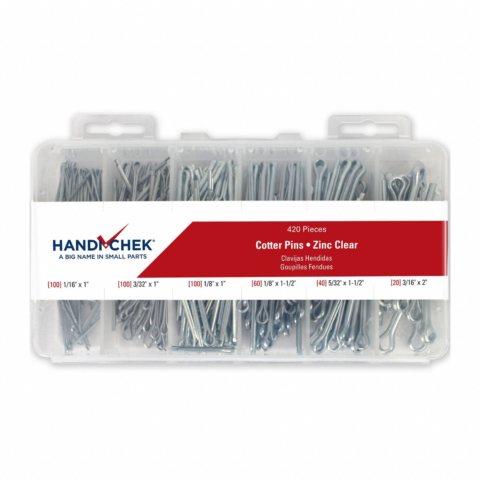 Pin Assortment, 420 pcs, 6 Sizes: Bridge, Inch, Steel, 1008, Zinc Plated, 420 Pieces, 6 # of Sizes