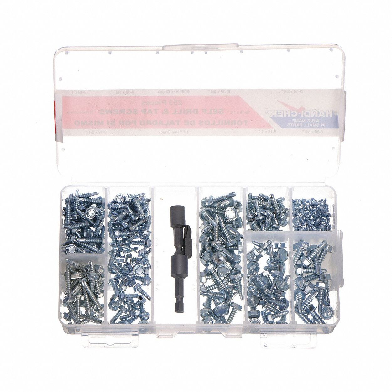 Self-Drilling Screw Assortment: Hex Washer/Pan, Zinc-Plated, Steel, External Hex/Phillips, 11 Sizes