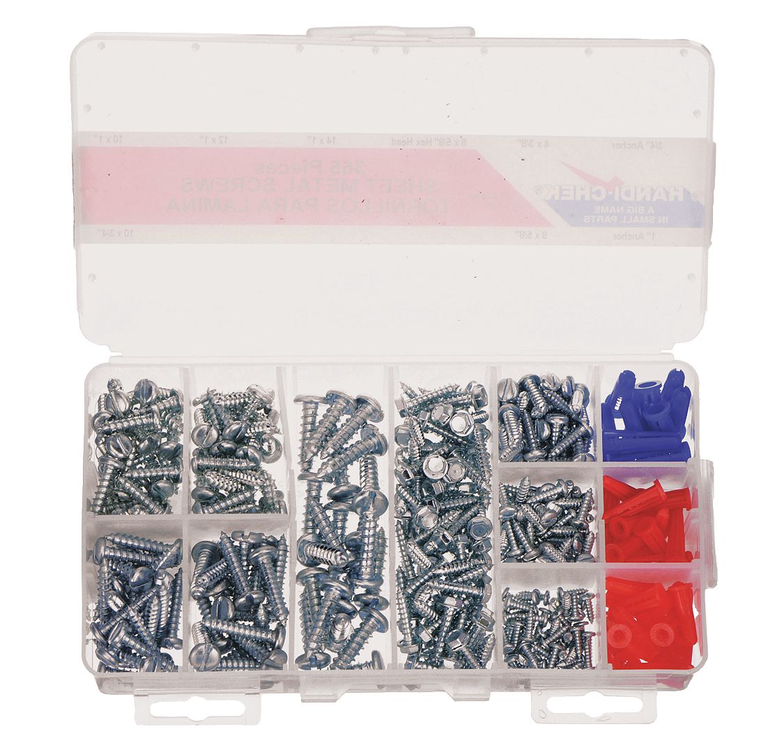 Sheet Metal Screw Assortment: Steel, Zinc-Plated, Pan, Slotted, 365 Pieces, 11 # of Sizes