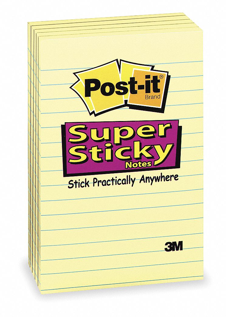 Sticky Notes: Yellow, Super Sticky, 90 Sheets per Pad, 5 Pads per Pack, 4 in x 6 in, 5 PK