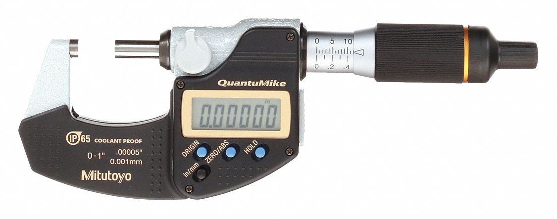 DIGITAL MICROMETER, RATCHET THIMBLE, CLAMP, SPC OUTPUT, 0-1 IN RANGE, 00005"/0.001 MM RESOLUTION.