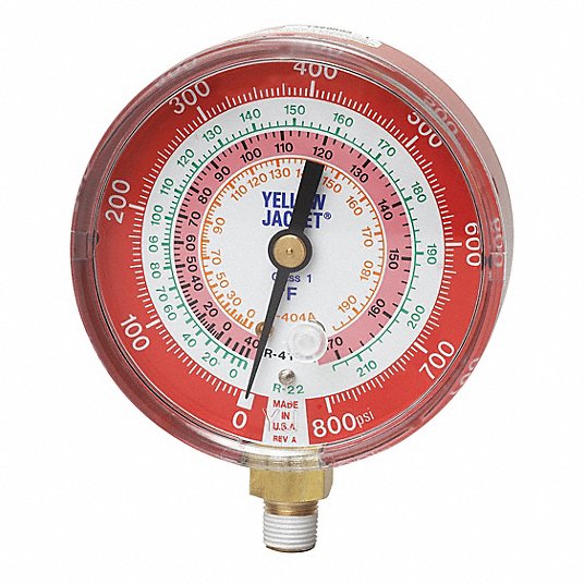 Yellow Jacket red pressure gauge 3-1/8 high side R22/R404A/R410A 