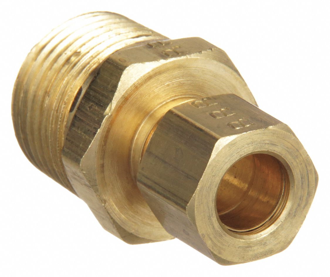 MALE CONNECTOR: BRASS, COMPRESSION X MNPT, ¼ IN PIPE SIZE, FOR ⅜ IN TUBE OD