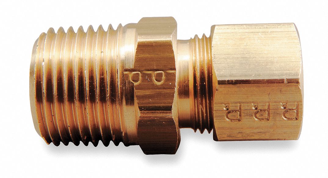 MALE CONNECTOR: BRASS, COMPRESSION X MNPT, ½ IN PIPE SIZE, FOR ⅜ IN TUBE OD