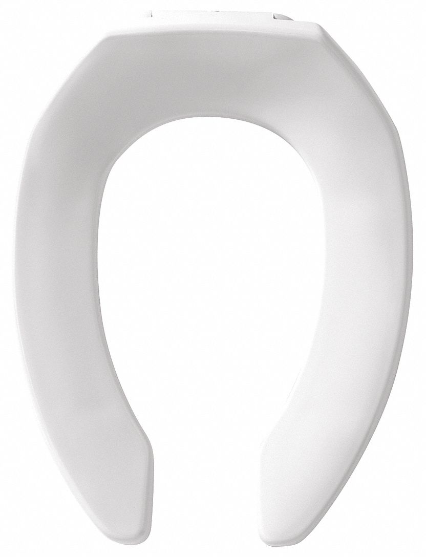 Toilet Seat: White, Plastic with Stainless Steel Posts, External Check  Hinge, 2 3/8 in Seat Ht, Open