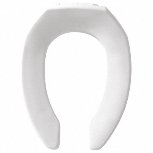 Toilet Seat: White, Plastic with Stainless Steel Posts, External Check  Hinge, 2 3/8 in Seat Ht, Open