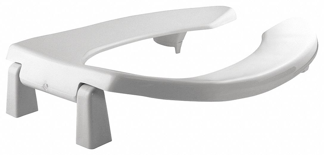 TOILET SEAT: WHITE, PLASTIC WITH SS POSTS, EXTERNAL CHECK HINGE, 2 IN SEAT H, OPEN