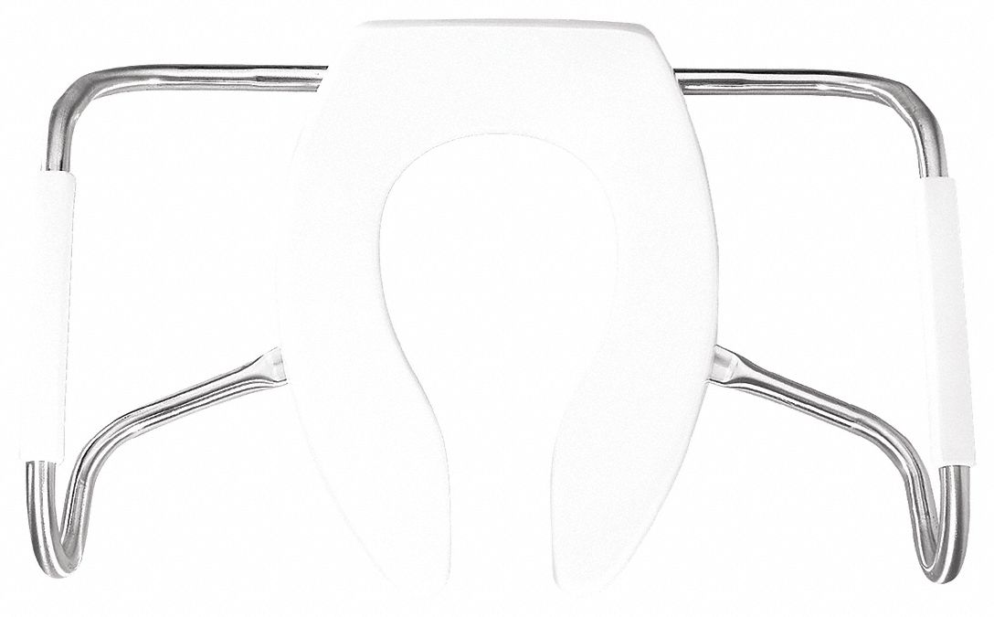 Toilet Seat: White, Plastic with Stainless Steel Posts, External Check  Hinge, 2 3/8 in Seat Ht, Open