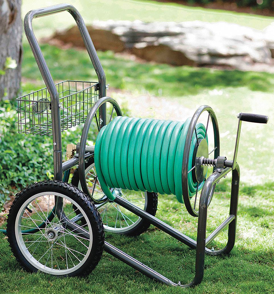 Garden Hose Reel: 200 ft (5/8 in I.D.), 18 in Reel Dia, Gray, 2 Wheels, 150  psi Max Op Pressure