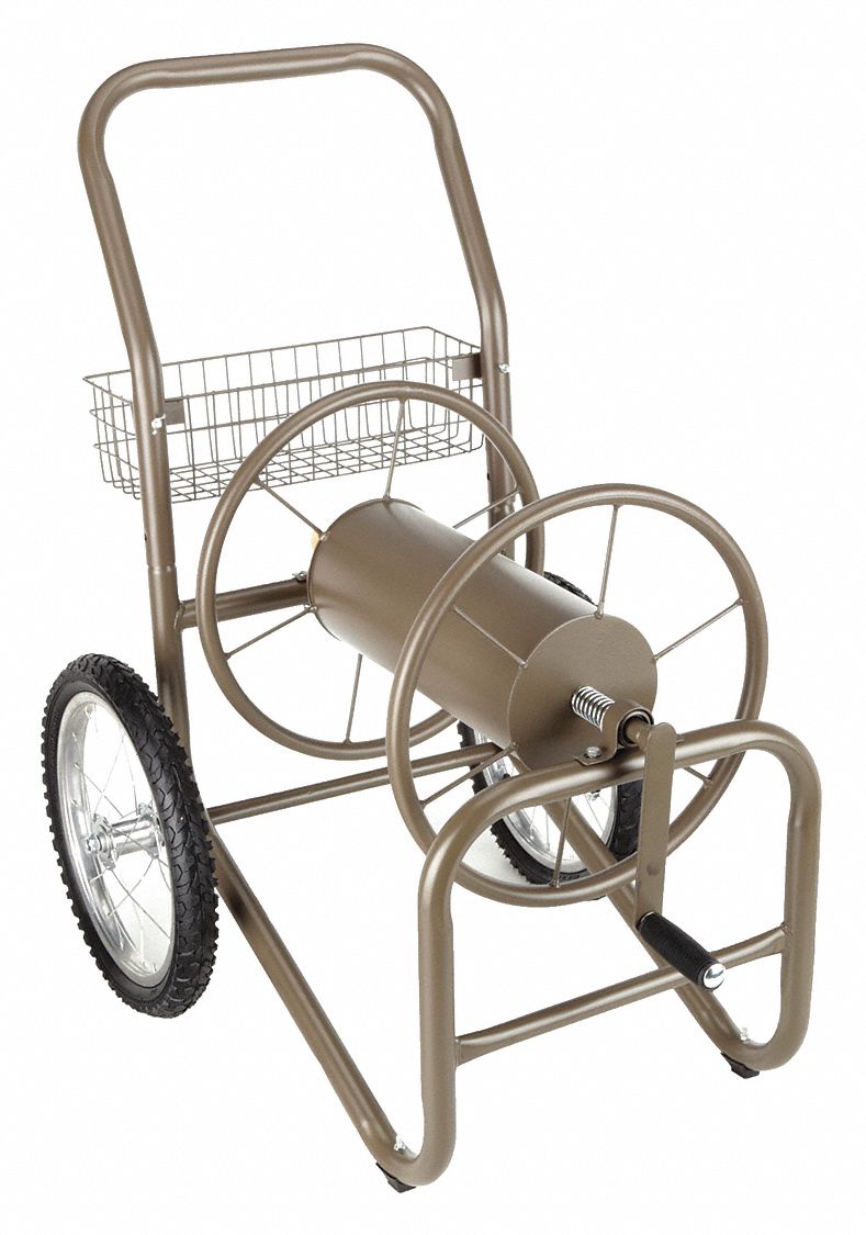 Garden Hose Reel: 300 ft (5/8 in I.D.), 10 in Reel Dia, Bronze, 2 Wheels, 150 psi Max Op Pressure