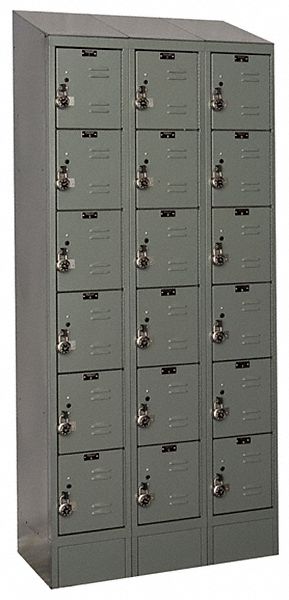 Box Locker: 36 in x 12 in x 78 in, 6 Tiers, 3 Units Wide, Louvered, Padlock Hasp, Gray