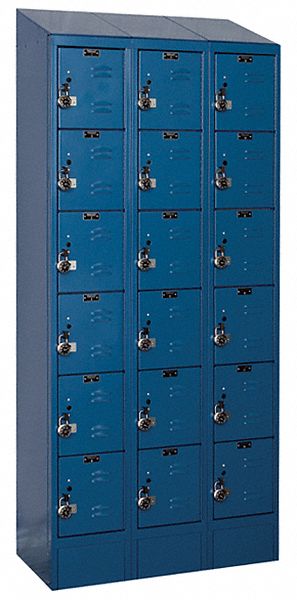 Box Locker: 36 in x 12 in x 78 in, 6 Tiers, 3 Units Wide, Louvered, Padlock Hasp, Blue