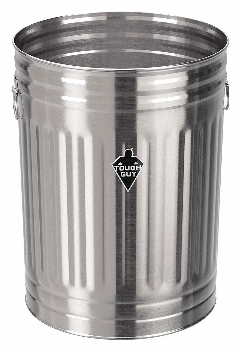 TOUGH GUY Trash Can: Galvanized Steel, Open Top, Silver, 31 gal Capacity,  21 in Wd/Dia, 27 in Ht