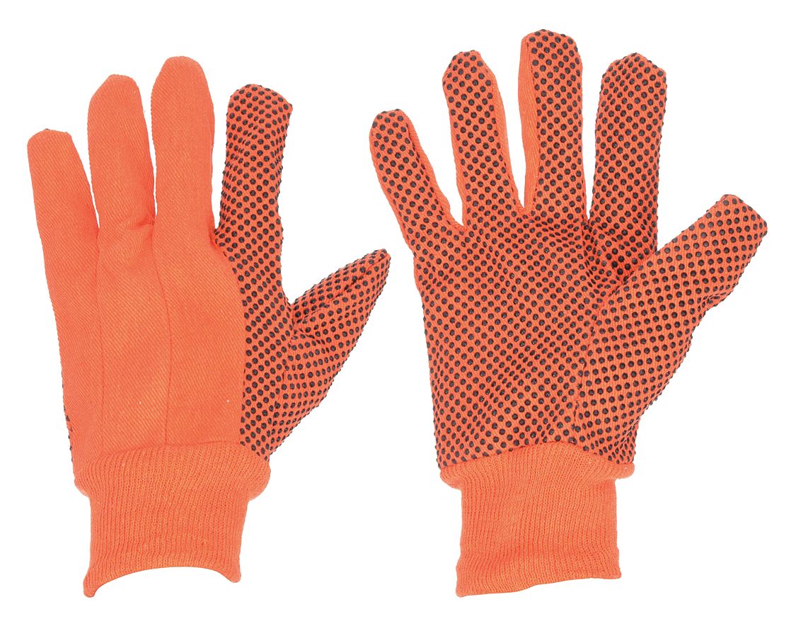 KNIT GLOVES, L (9), PVC, DOTTED PALM AND THUMB, COTTON, FULL FINGER, HI-VIS ORANGE