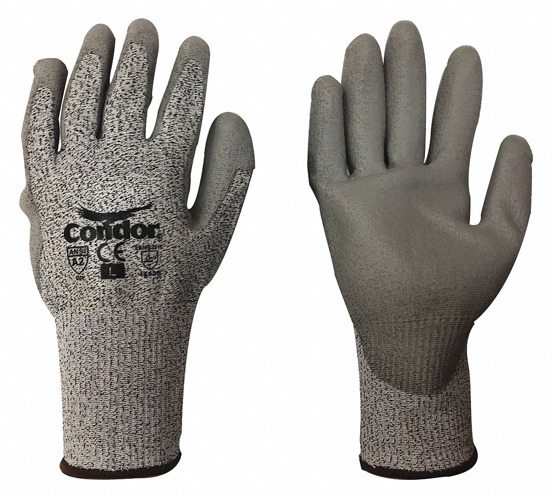 COATED GLOVES, 2XL (11), ANSI CUT LEVEL A2, DIPPED PALM, PUR, SMOOTH, GREY