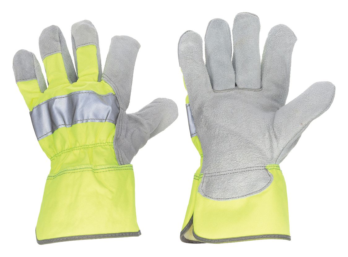 LEATHER GLOVES, M (8), COWHIDE, FULL FINGER, SAFETY CUFF, WING THUMB, HI VIS