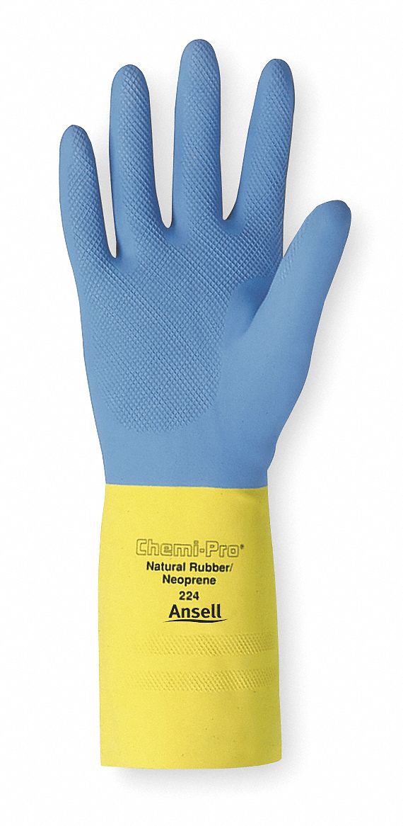 Ansell Size 7 Blue Over Yellow Chemi-Pro 13 Cotton Flock Lined 27 mil Unsupported Neoprene Natural Rubber Latex Heavy Duty Chemical Resistant Gloves With Recessed Diamond Embossed Finish And Pinked Cuff