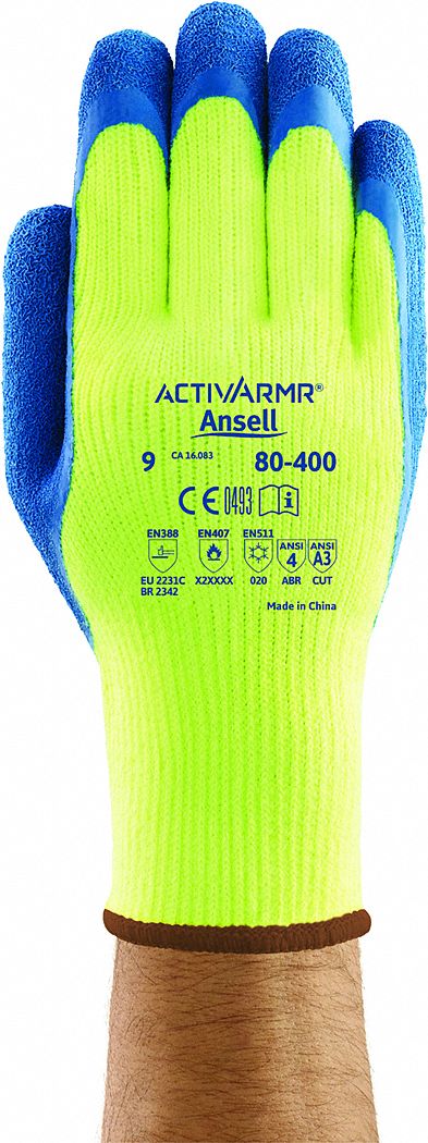 COATED GLOVES, M (8), DIPPED PALM, LATEX, 5 ° F MIN TEMP, ACRYLIC, 7 GA, ROUGH