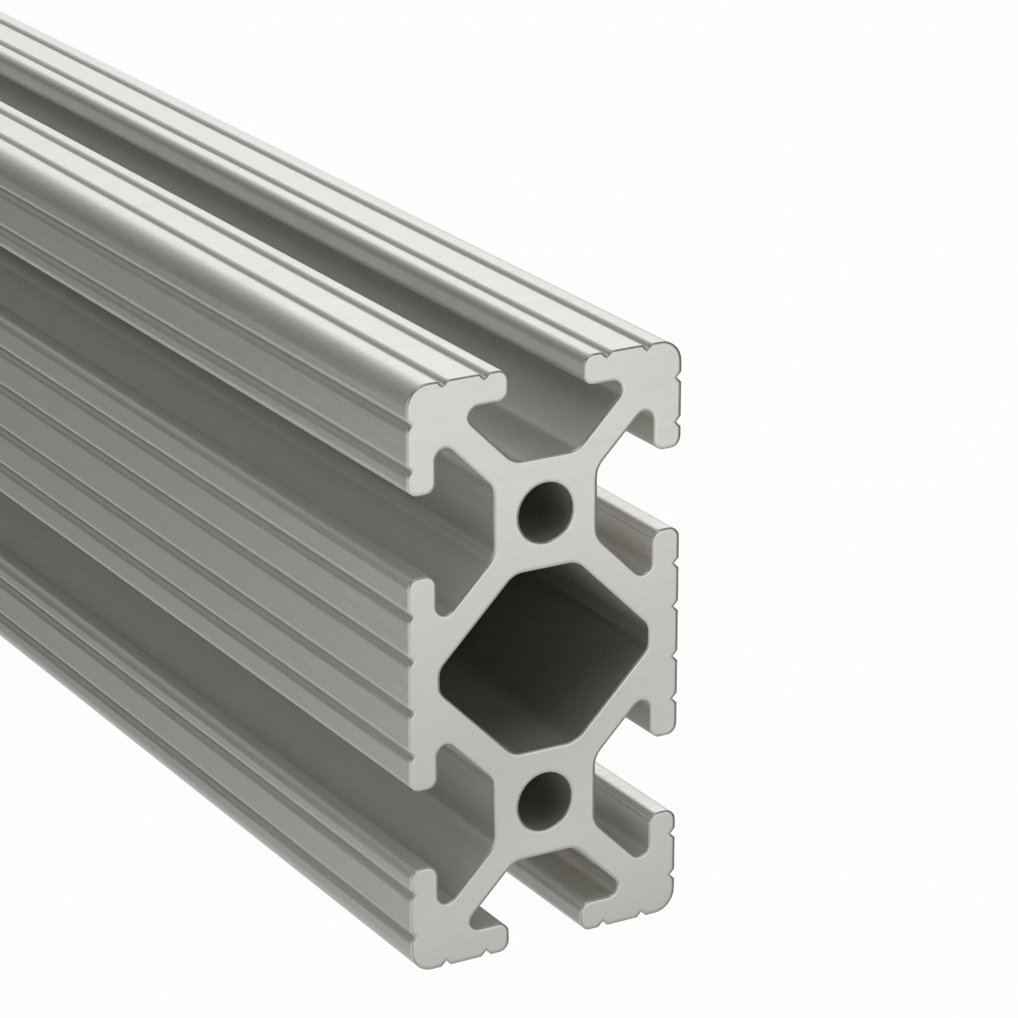 Framing Extrusion: 10 Series, 6 ft Nominal Lg, Silver, Double, 6 Open  Slots, Adjacent-Sides
