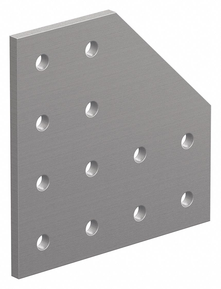 Joining Plate: 90° Angled Flat Plate, 10 Series, 3/16 in x 4 in x 4 in, For 17/64 in Slot Wd, Silver