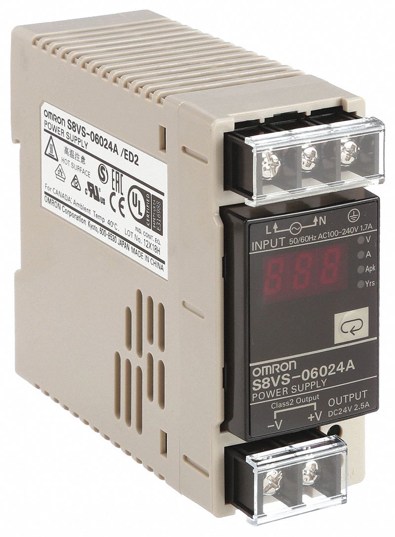 OMRON DC Power Supply: 100 to 240 V AC, Single, 24V DC, 60W, 2.5, DIN Rail