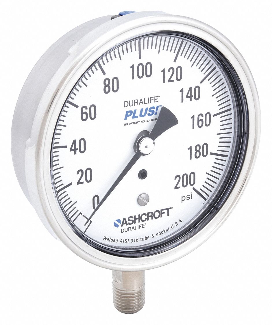 INDUSTRIAL PRESSURE GAUGE, 0 PSI/HG TO 200 PSI, 3 1/2 IN DIAL, 1/4 IN NPT MALE, BOTTOM