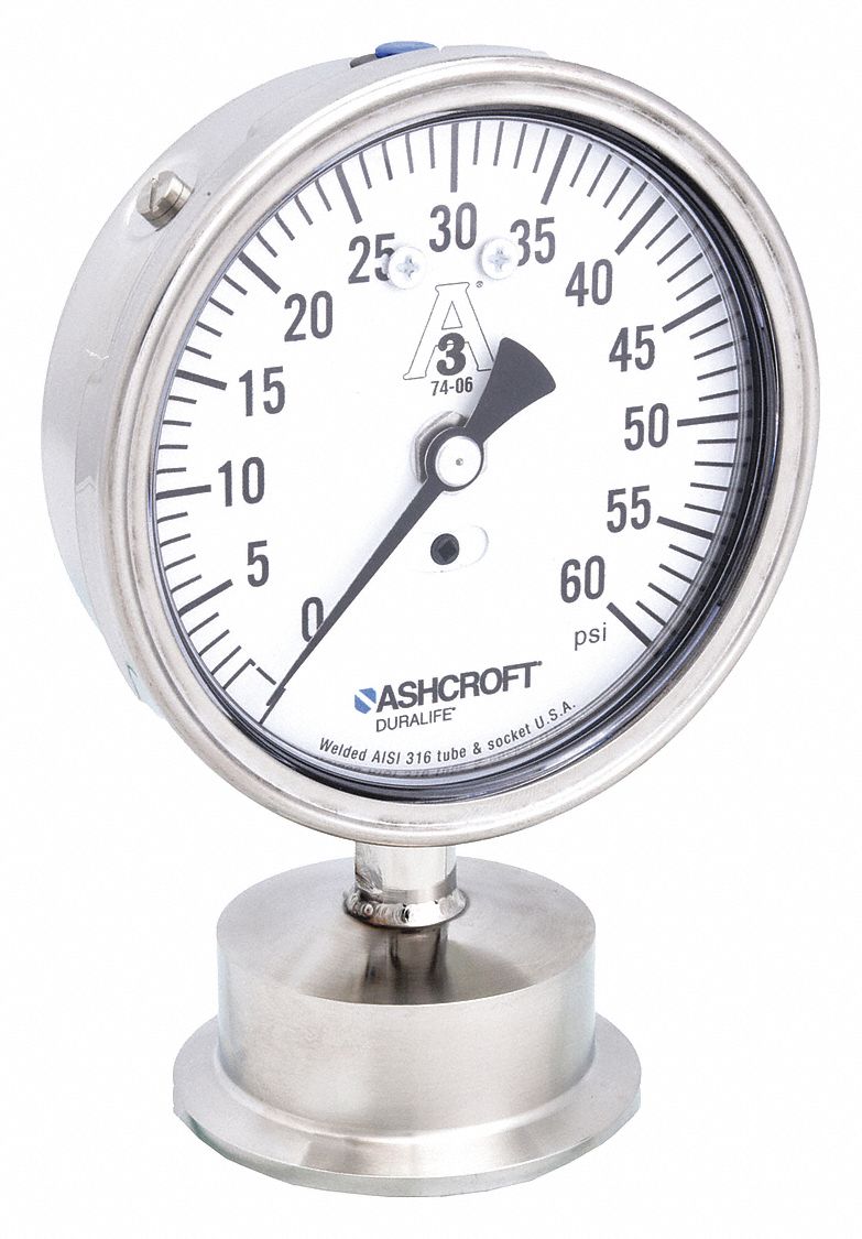 Pressure Gauge: 0 psi to 60 psi, 3 1/2 in Dial, 2 in Tri-Clamp, Bottom, ±1.50% Accuracy