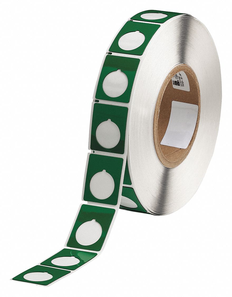 Pre-Cut Label Stock Roll: 1 1/2 in x 1 13/64 in, Polyester, Green (Gloss), 500 Labels per Roll