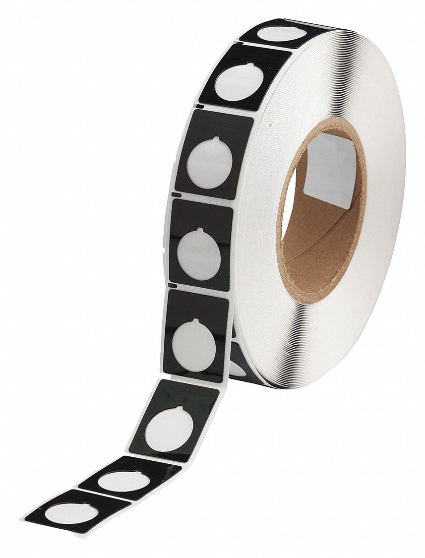 Pre-Cut Label Stock Roll: 1 1/2 in x 1 13/64 in, Polyester, Black (Gloss), 500 Labels per Roll