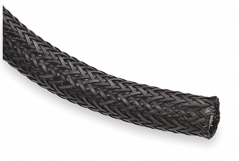 BRAIDED SLEEVING, ¾ IN ID, EXPANDABLE, FOR 1 IN MAX BUNDLE, 50 FT L, NYLON, BLACK