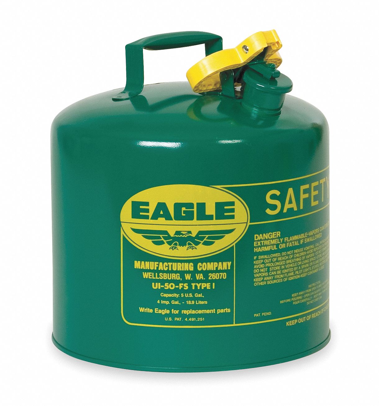 Type I Safety Can: For Use With Oil, 5 gal Capacity, Powder Coated Steel, Green