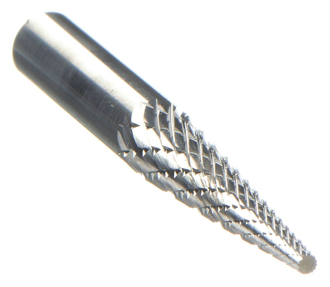 Carbide Bur: Pointed-End Cone, SM-3, Double Cut, 1/4" x 1" Head, 1/4" Shank
