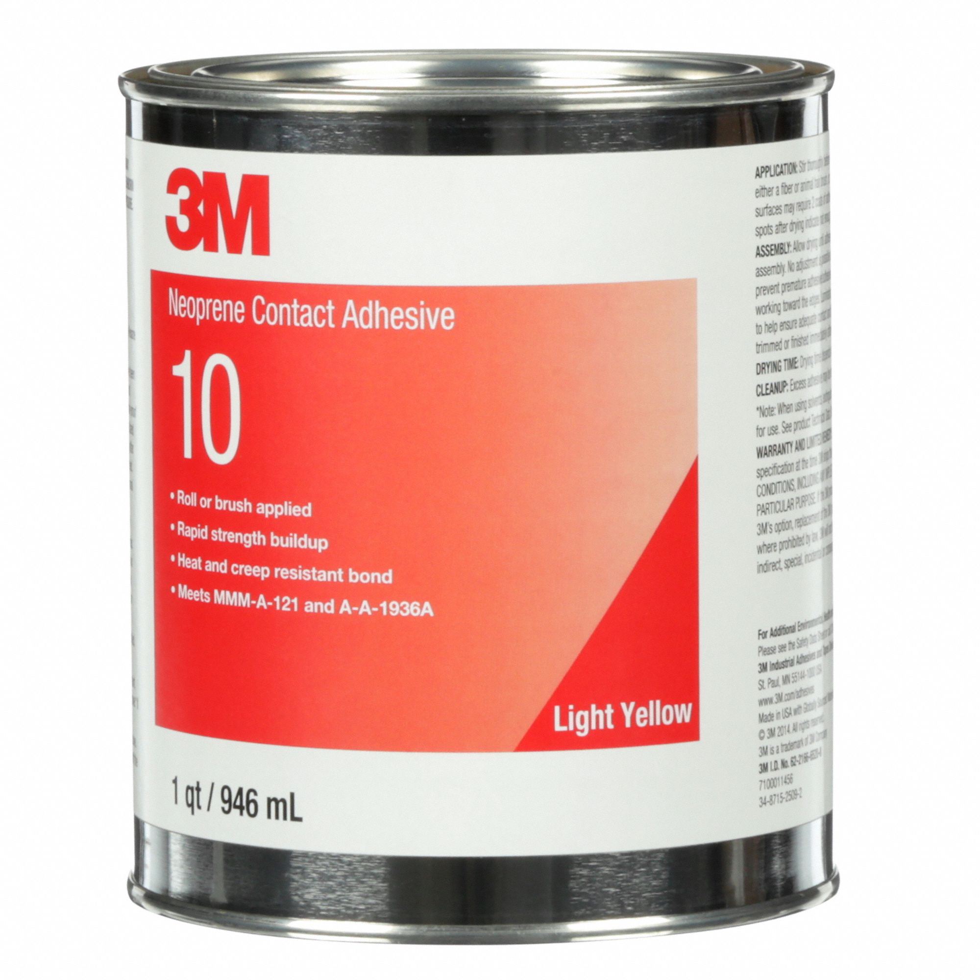 3M Contact Cement 10, Laminates/Woods, 1 qt, Can, Light Yellow, Water