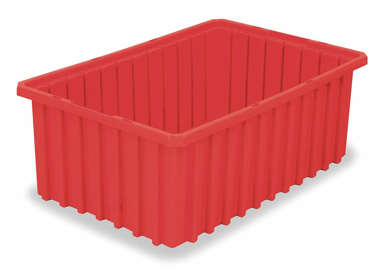 Divider Box: 1.3 cu ft, 22 3/8 in x 17 3/8 in x 8 in, Red, Dividers Not Included, Plastic