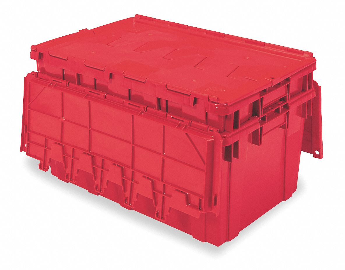Attached Lid Tote: 16.8 gal, 27 in x 17 in x 12 1/2 in, Red Body, Red Lid, Stacking Capable