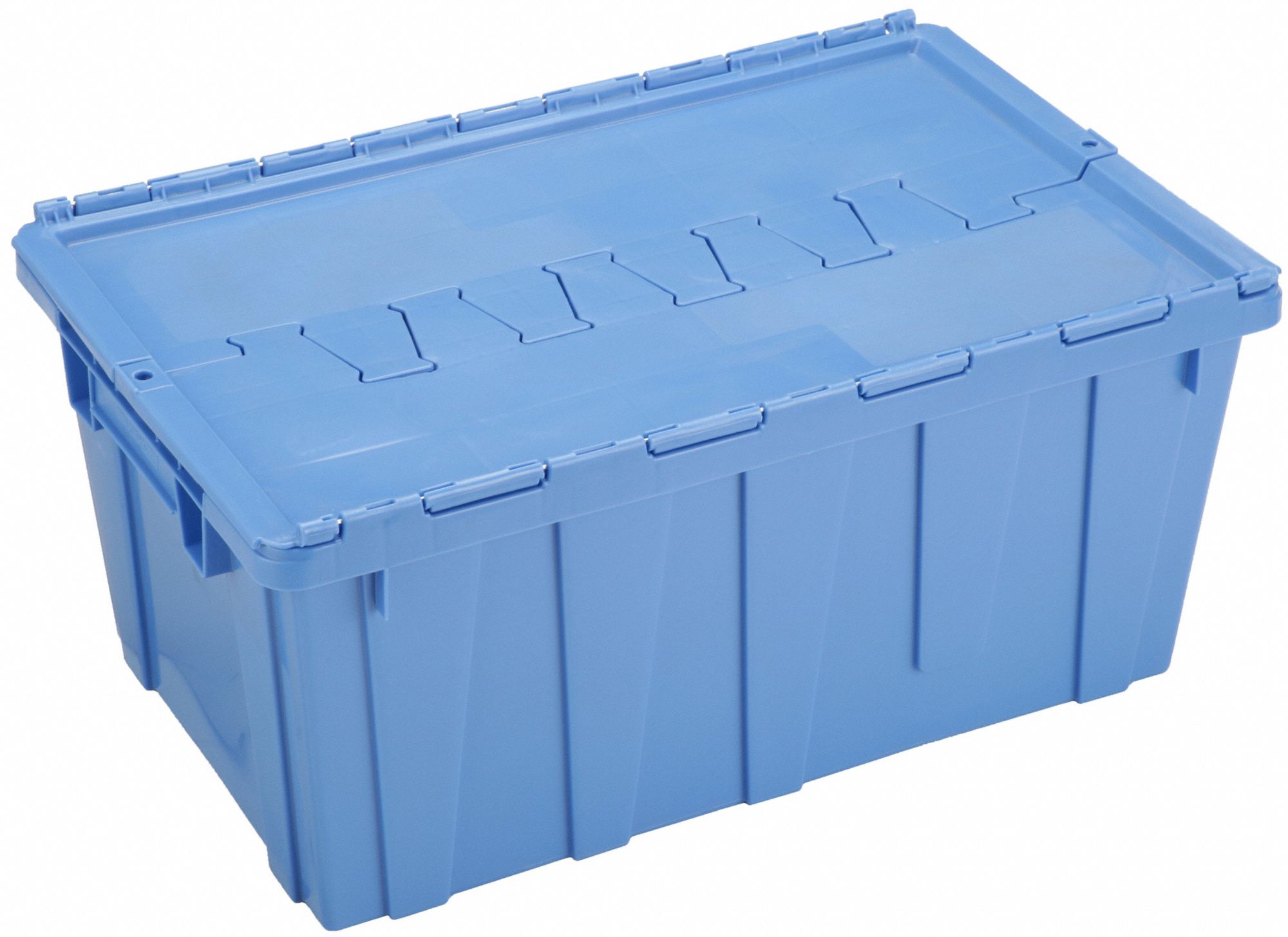 Attached Lid Tote: 16.8 gal, 27 in x 17 in x 12 1/2 in, Blue Body, Blue Lid, Plastic
