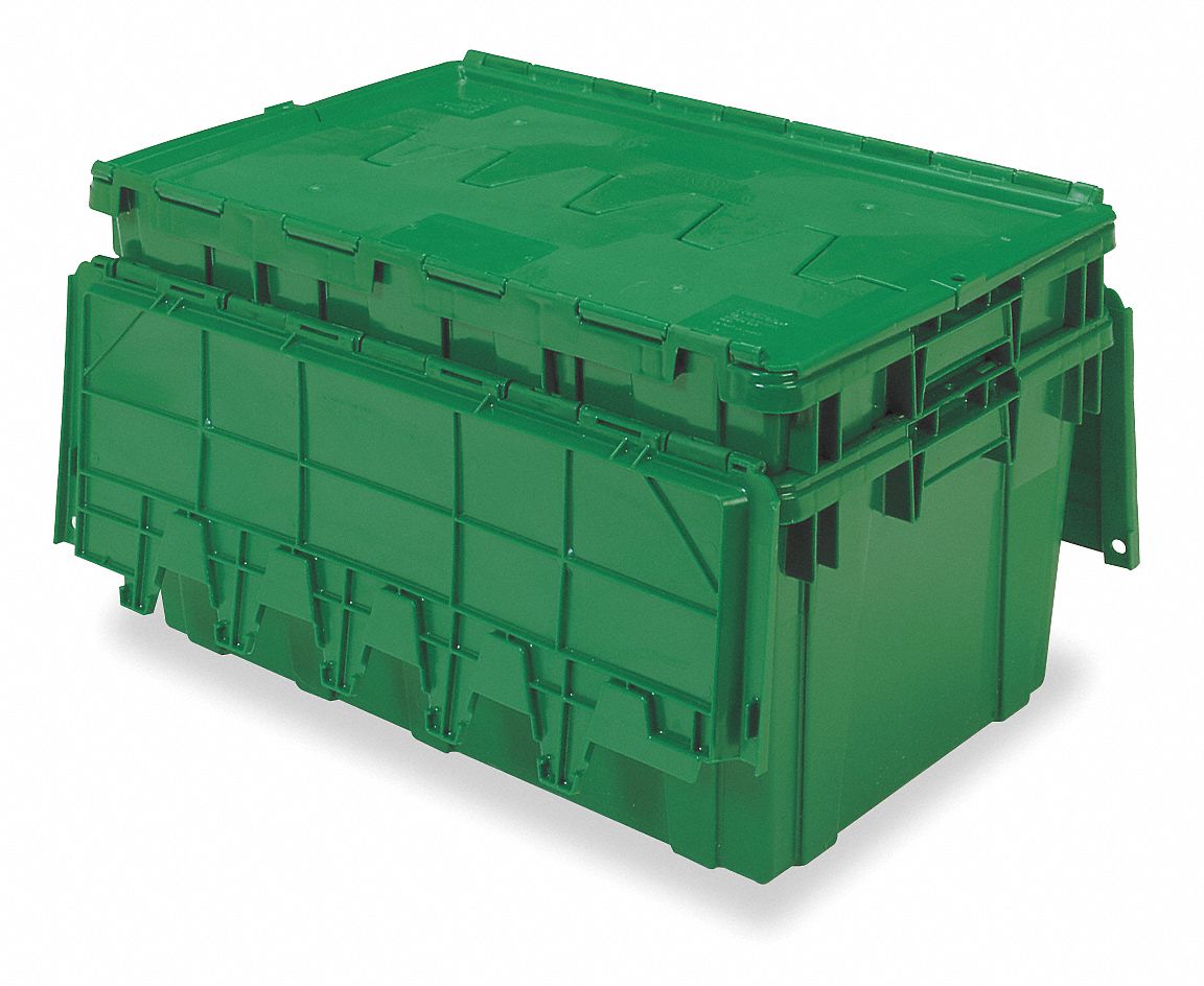 Attached Lid Tote: 16.8 gal, 27 in x 17 in x 12 1/2 in, Green Body, Green Lid, Plastic