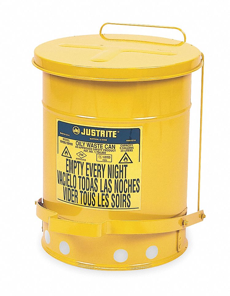 OILY WASTE CAN, 6 GAL, YLW, GALVANIZED STEEL, 15⅞ IN H, FOOT OPERATED SELF CLOSING